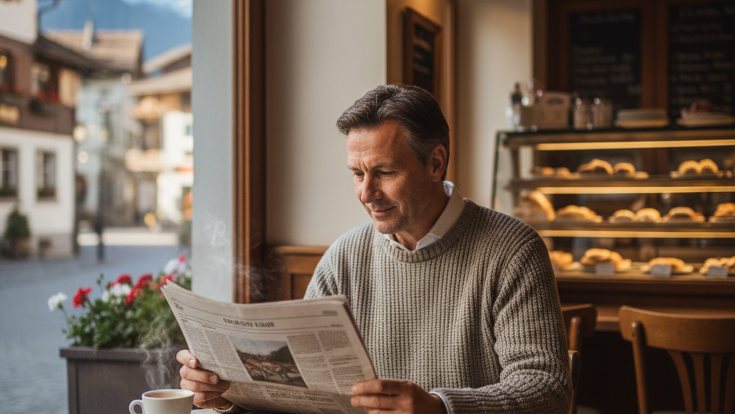 Mann liesst eine Zeitung in einer lokalen Bäckerei
