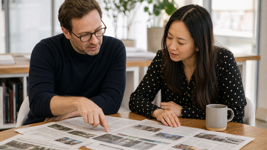 Bild zeigt zwei Personen, welche Werbeformate besprechen
