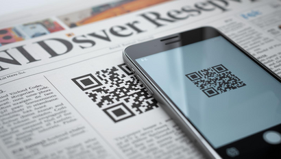 Zeitung mit Qr-Code und Smartphone im Vordergrund
