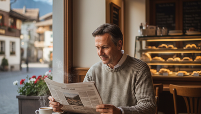 Mann liesst eine Zeitung in einer lokalen Bäckerei